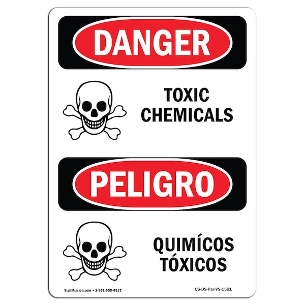 Safety Sign, OSHA Danger, 5" Height, Toxic Chemicals With Symbol Spanish, 10PK